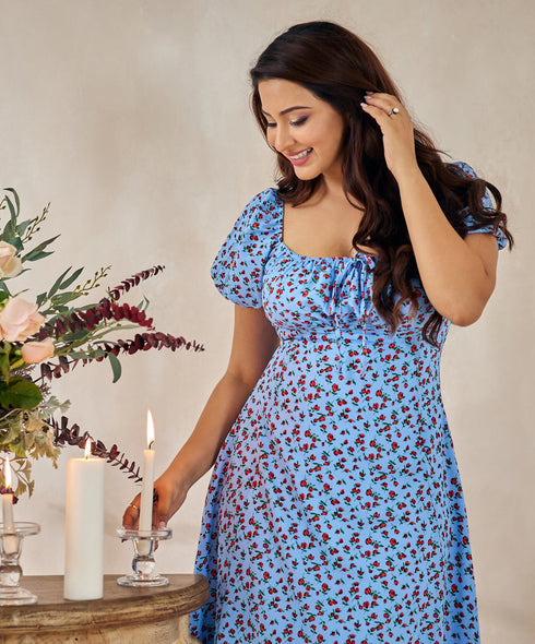 Front Knot Bust Split Blue Dress